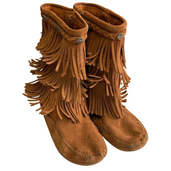 Minnetonka Suede Moccasins 3 Layer Fringe Mid Calf Boots Women's 4 Brown Boho - Picture 1 of 13